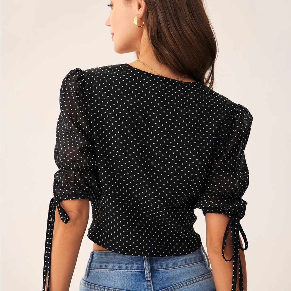 Black V-Neck Polka Dot Blouse - Picture 2 of 6